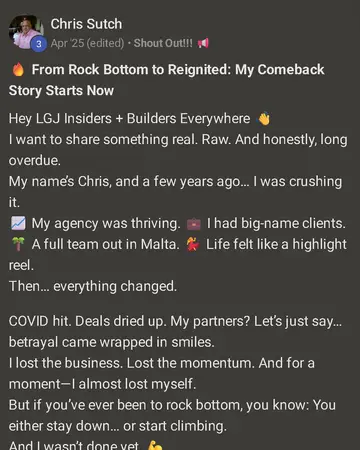Chris Sutch's Skool post: From Rock Bottom to Reignited: My Comeback Story Starts Now