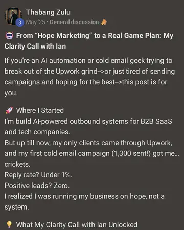 Thabang Zulu's Skool post: From "Hope Marketing" to a Real Game Plan: My Clarity Call with Ian