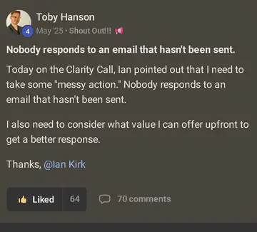 Toby Hanson's Skool post: Nobody responds to an email that hasn't been sent.